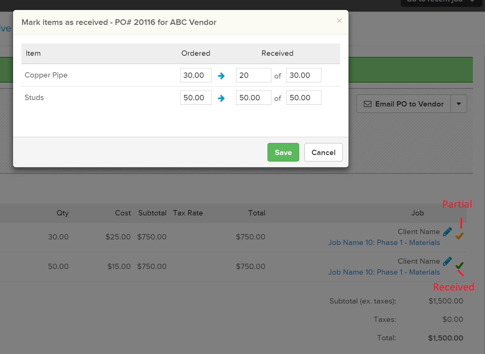 MarkAsRecieved Managing Purchase Orders in Knowify