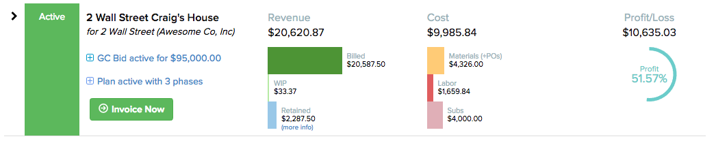 Screenshot displaying our real-time job analytics - revenue, cost, and profit & loss | Release 2.18 | Knowify
