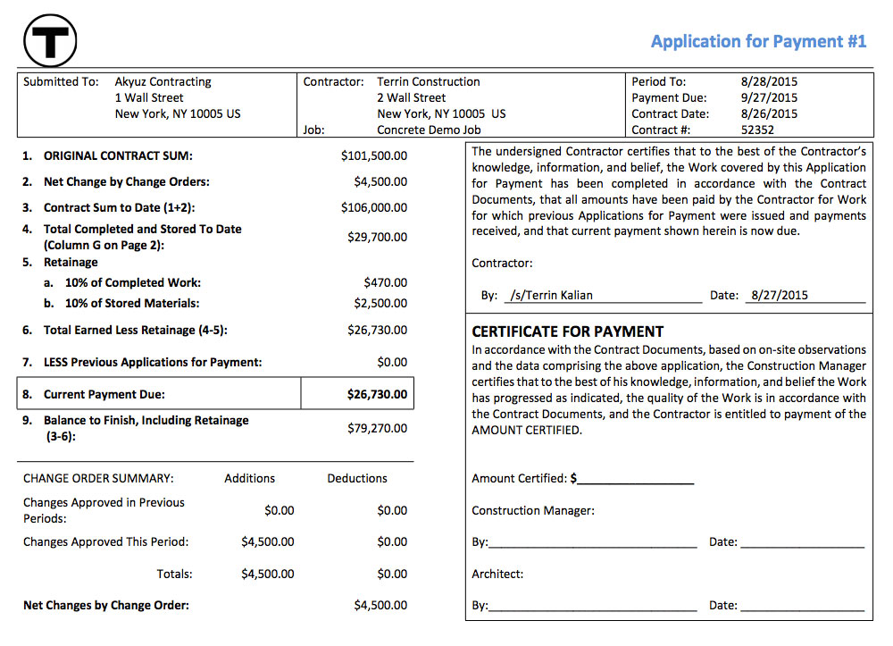 Example of an application for payment filled out | AIA-style billing | Knowify feature