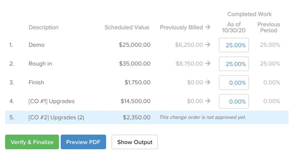 Pay app builder showing line items and percentages to invoice | AIA-style billing | Knowify feature