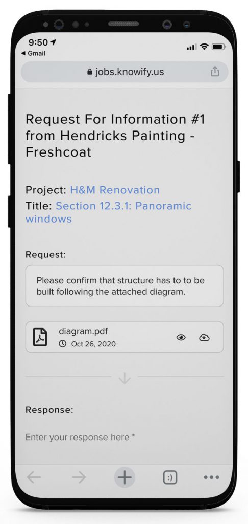 RFI external portal on the mobile app where client can reply | Submittals and RFIs | Knowify feature