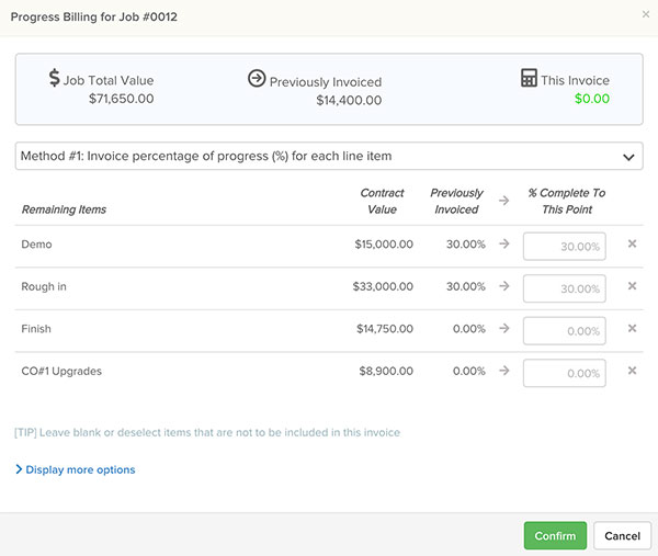 Invoice builder showing line items and percentages to invoice | Progress billing | Knowify feature