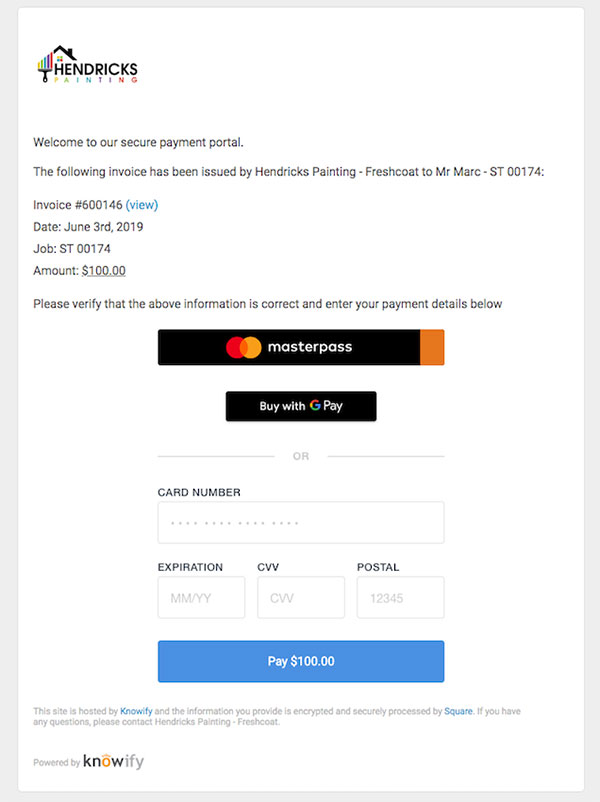 Screenshot of the secure payment portal | Square | Knowify integration
