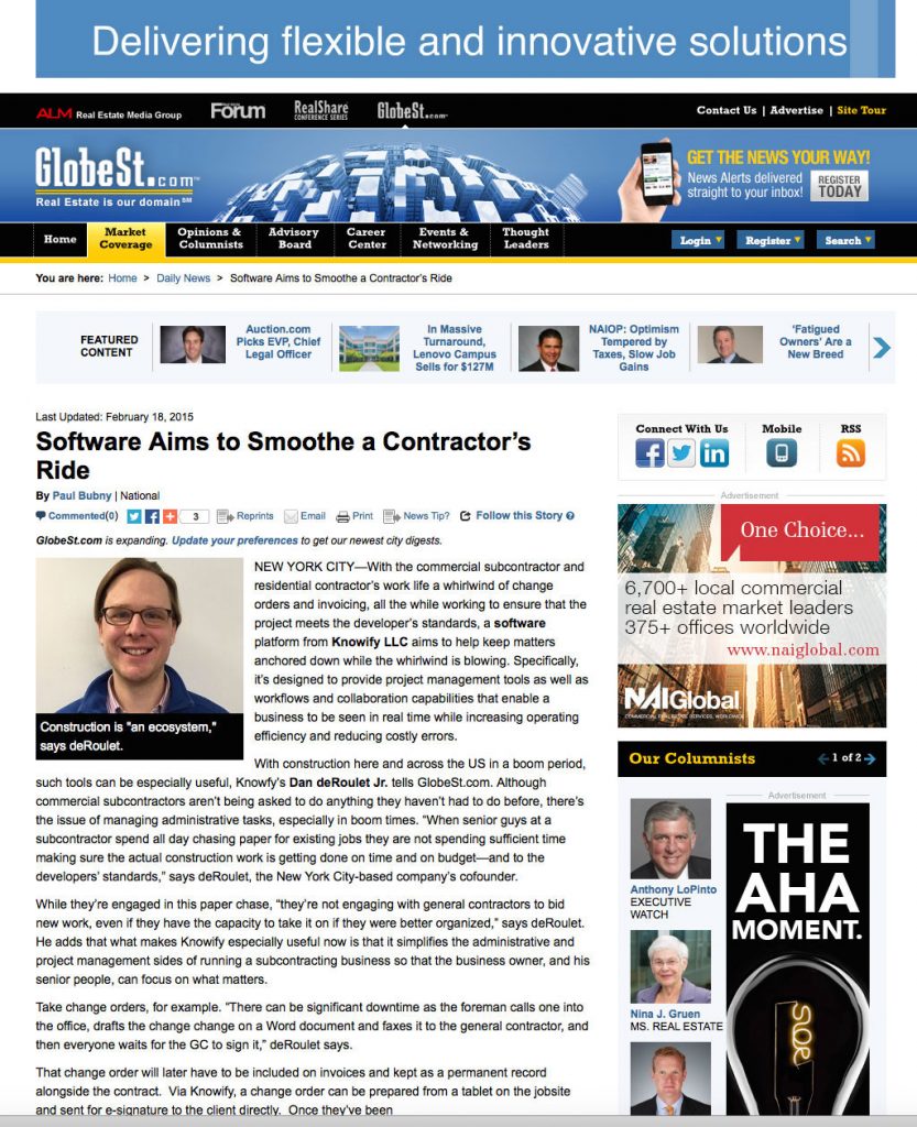 Article 'Software aims to smoothe a contractor's ride' published at GlobeSt.com | Knowify