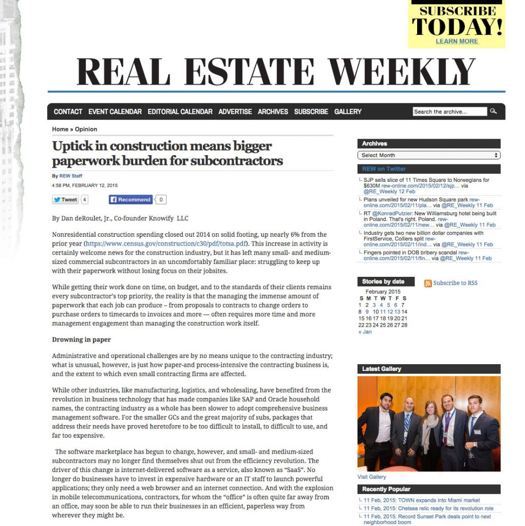 Article ‘Uptick in construction means bigger paperwork burden for subcontractors' published at Real Estate Weekly | Knowify
