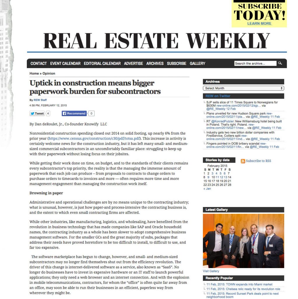 Knowify featured Real Estate Weekly Press Construction industry