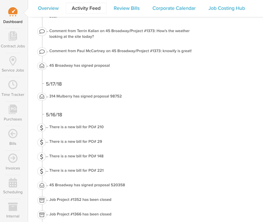 Screenshot displaying the activity feed (comments, emails, bills, proposals…) in Dashboard | Knowify