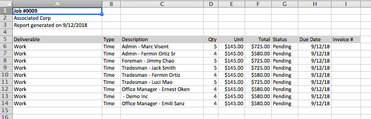 Example of a billable items report output in spreadsheet format | Reporting | Knowify