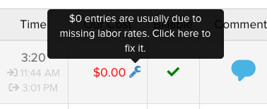 Screenshot displaying how to fix $0 time entries | Knowify