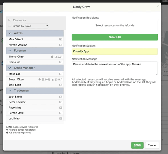 Animation displaying how to send a notification to the crew from the dashboard | Knowify