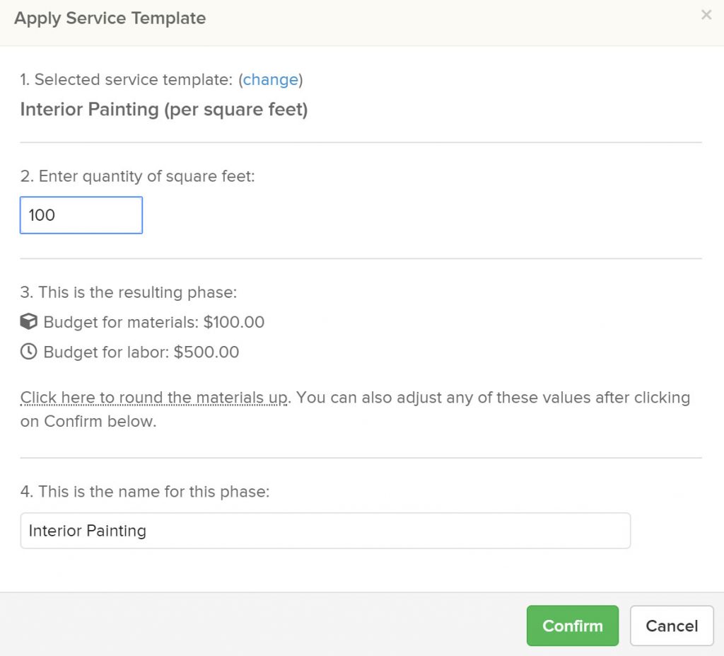Automatic calculation of budgets | Service template | Knowify feature