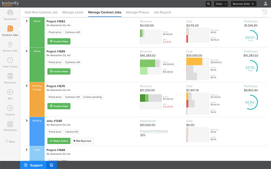 Screenshot of our Manage Contract Jobs section displaying all projects | Knowify