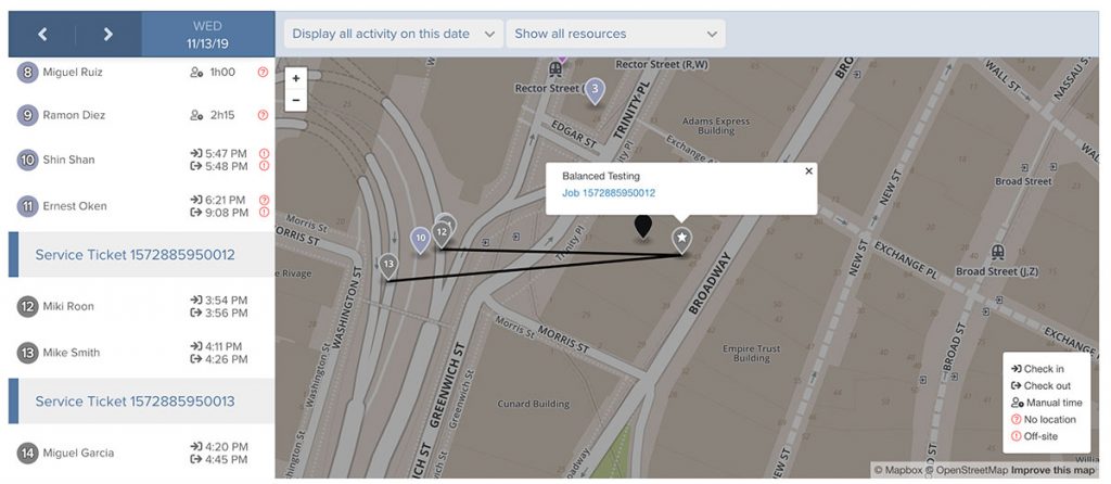 Screenshot of the check in location view and the geofence radius | Time tracking | Knowify