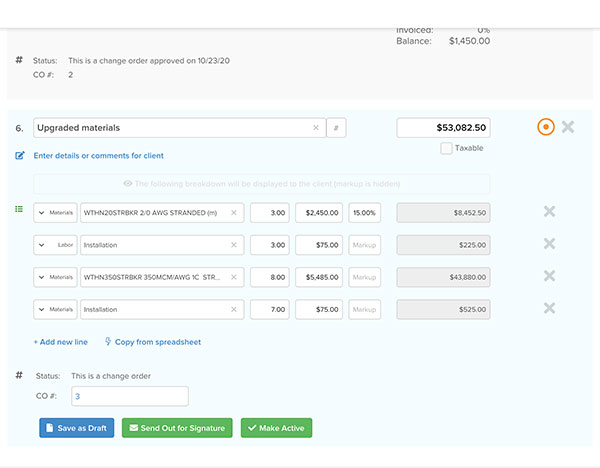 Change order section displaying the breakdown for a new CO | Change order management | Knowify
