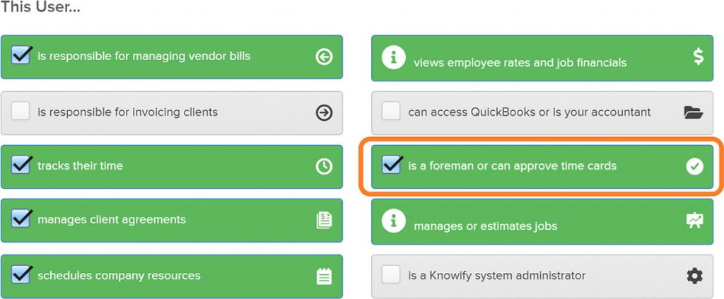 Admin section displaying permission options available | Foreman view | Knowify feature