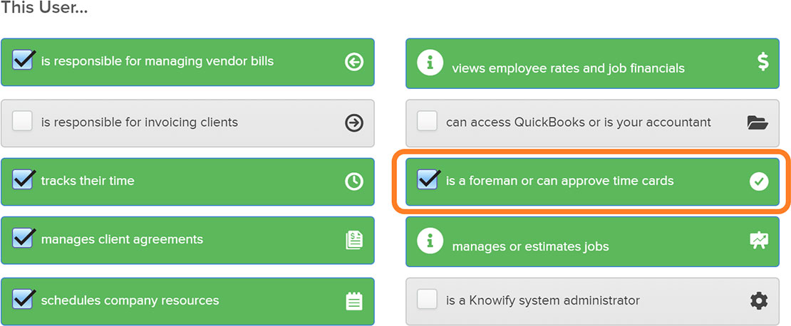 Admin section displaying permission options available | Foreman view | Knowify feature