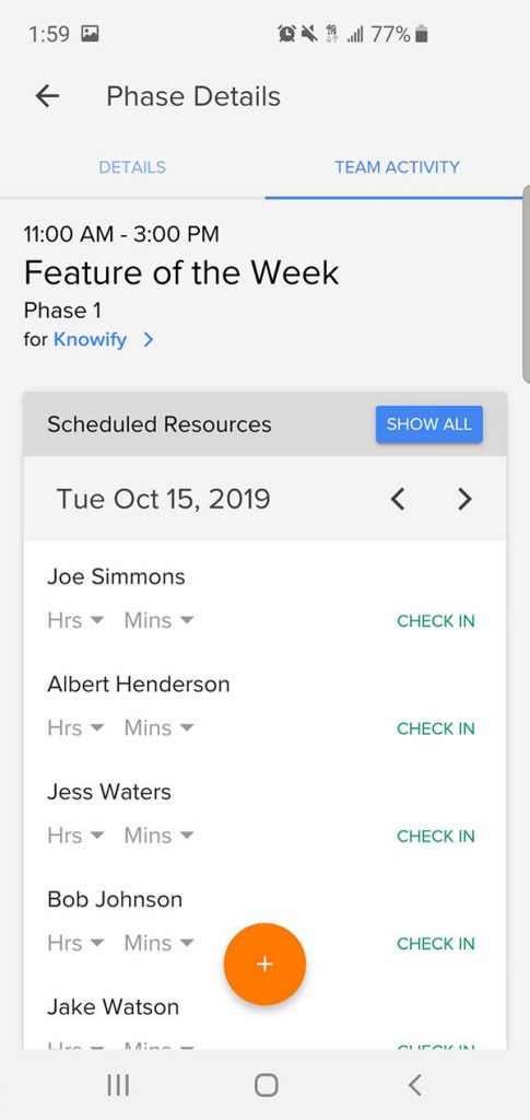 Phase details section displaying team activity (who is checked in) | Smartphone app | Knowify feature