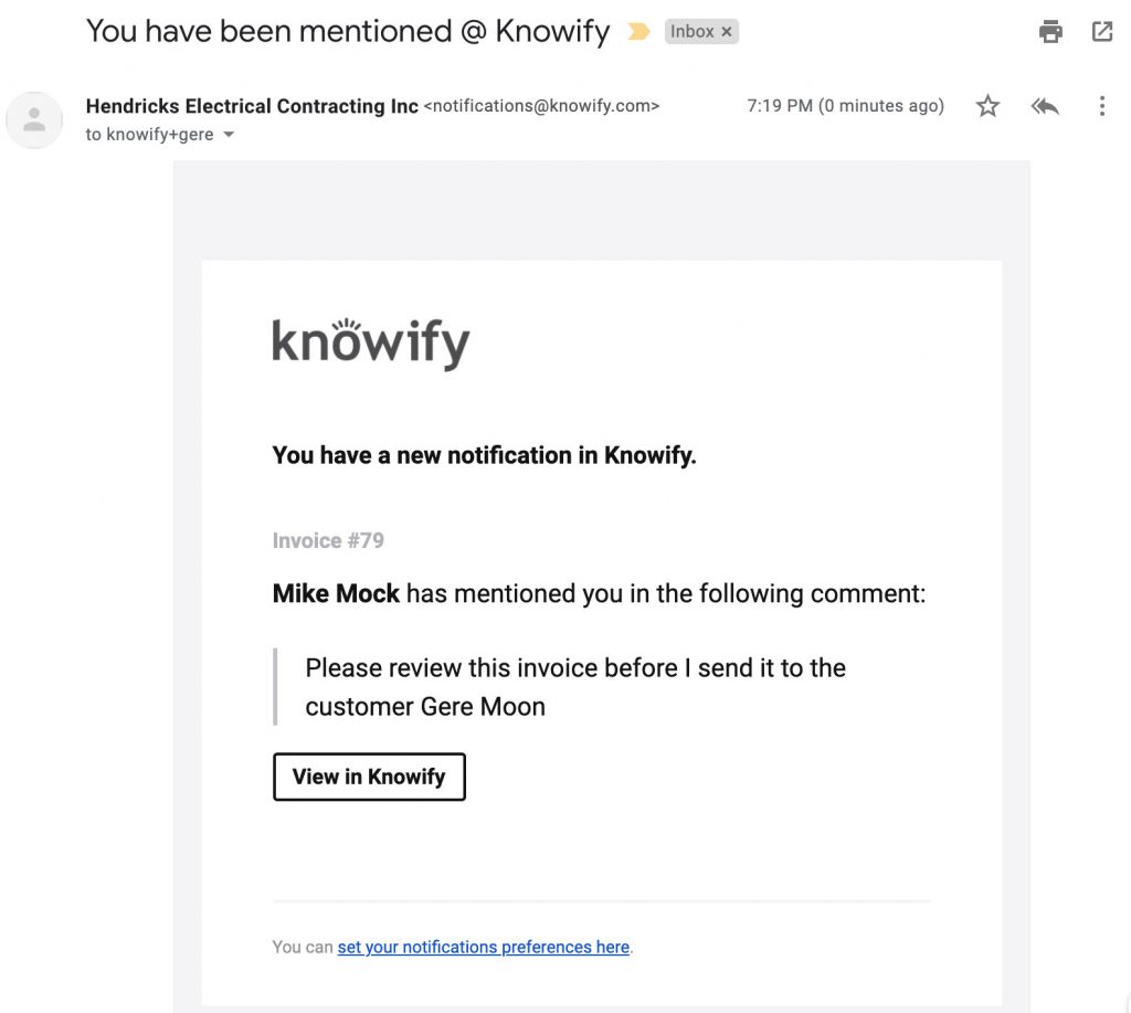 Email received when the user has been tagged in a comment | Release 3.20 | Knowify