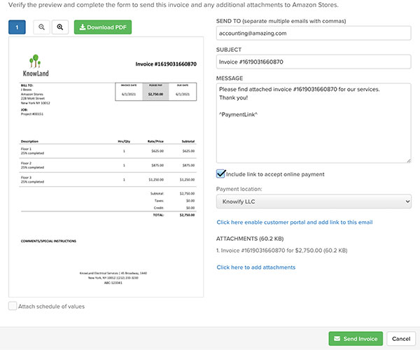 Adding payment link to invoice email before sending to customer | Online payments | Knowify