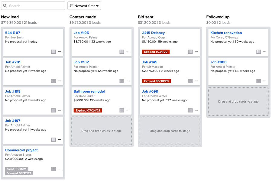 Screenshot displaying our lead management section which uses a Kanban board | CRM | Knowify