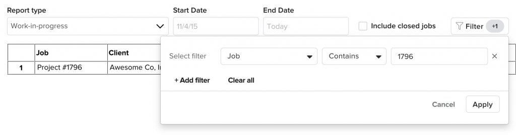 Screenshot displaying the filter feature for advanced reporting | Release 3.21 | Knowify