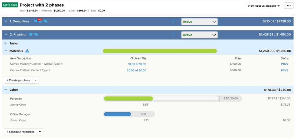 A screenshot of the Plan & Track section where you can see costs versus budget | Blog | Knowify