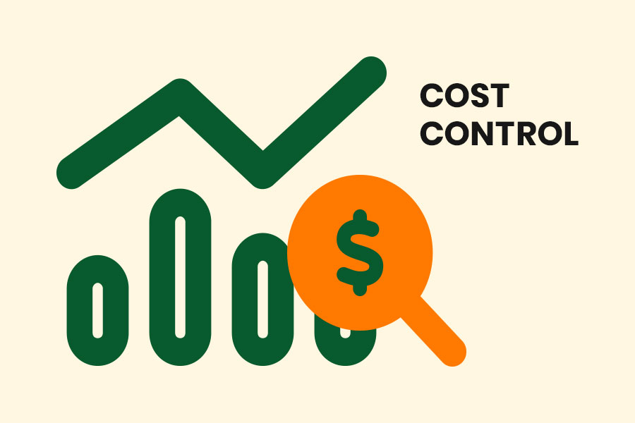 Creative asset to illustrate cost control in construction using graph & money magnifier lens icons | Blog | Knowify