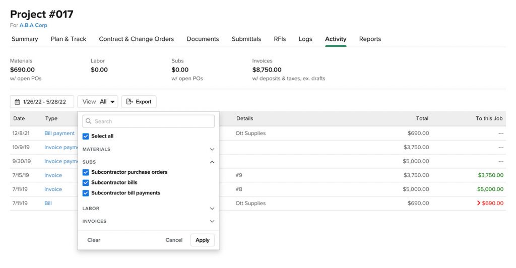 Screenshot of the activity section highlighting the multi-select filter by transaction type | Release 4.0 | Knowify