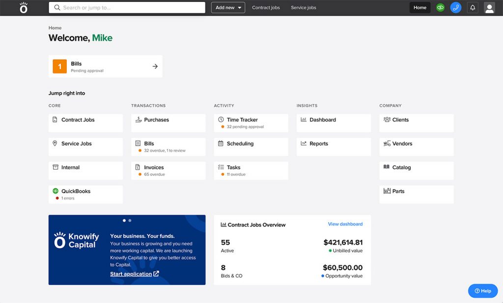 Screenshot of the home page; features are organized by function: core, transactions, activity, insights & company | Release 4.0 | Knowify