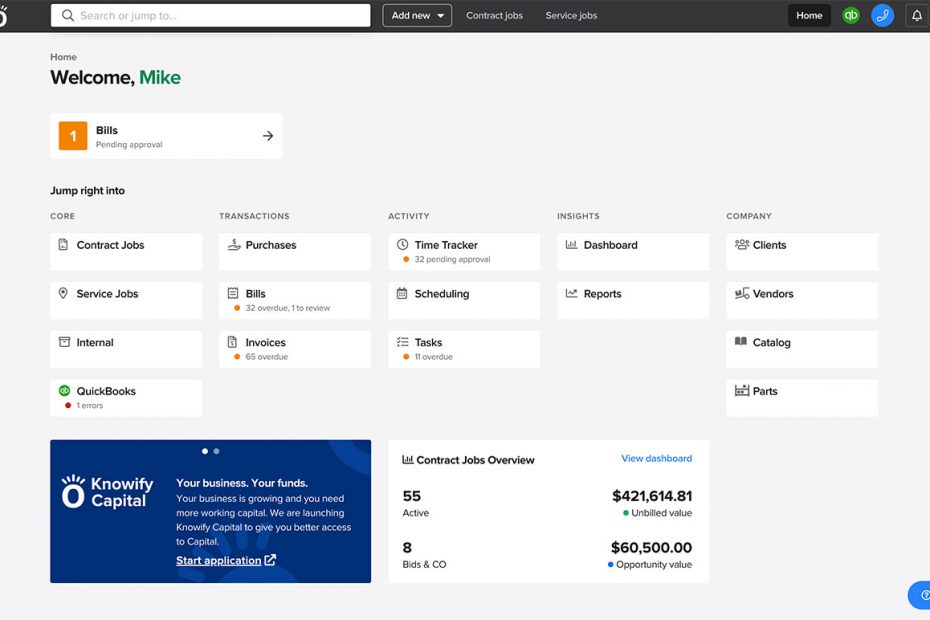 Screenshot of the home page; features are organized by function: core, transactions, activity, insights & company | Release 4.0 | Knowify