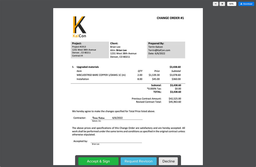 Screenshot of our esignature portal for clients to approve, request revision or decline a CO | Change orders | Knowify