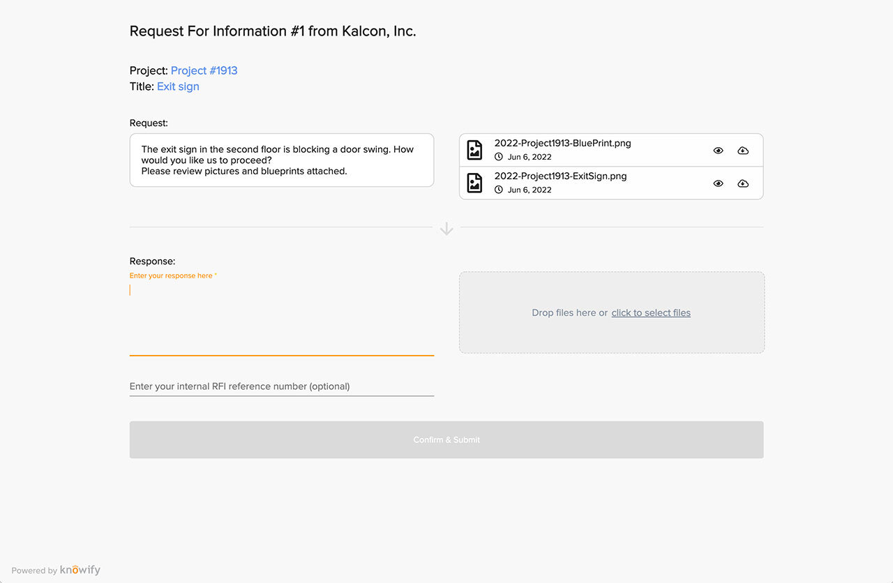 Screenshot of our external portal where customers can reply to an RFI | Changes orders | Knowify