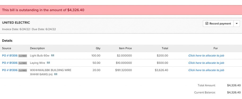 Screenshot of an outstanding bill in Knowify | Purchase order vs. Invoice | Knowify
