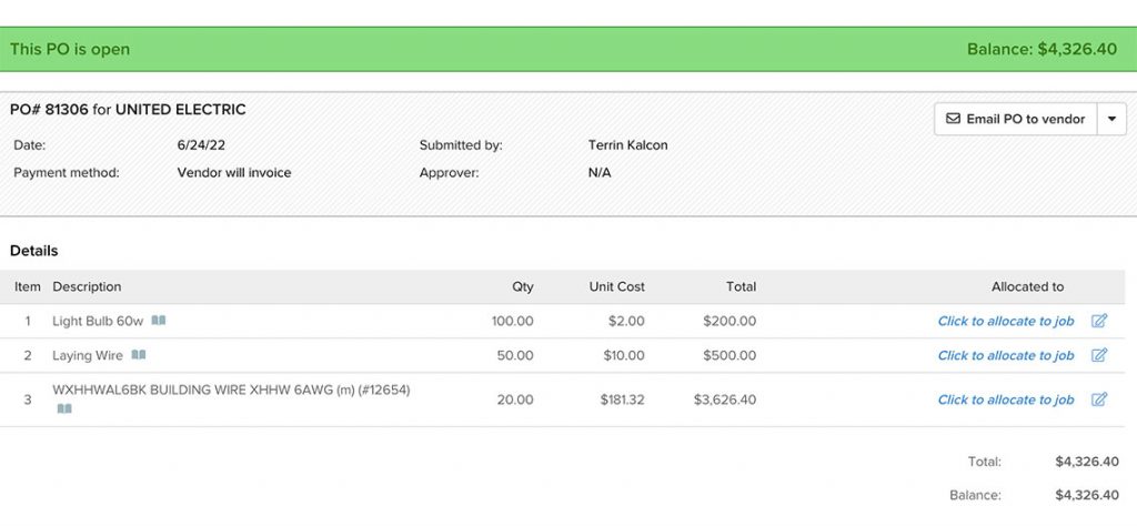 Screenshot of an open PO in Knowify | Purchase order vs. Invoice | Knowify