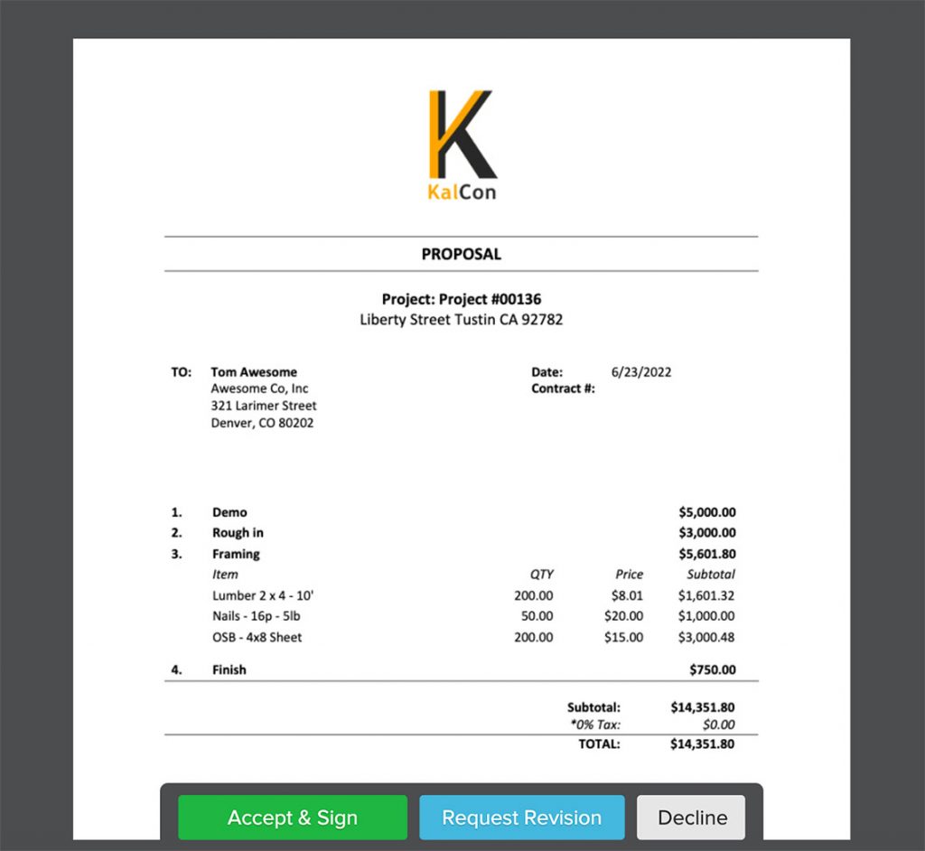 Screenshot of our e-signature portal | Proposals | Knowify | How to write a construction proposal