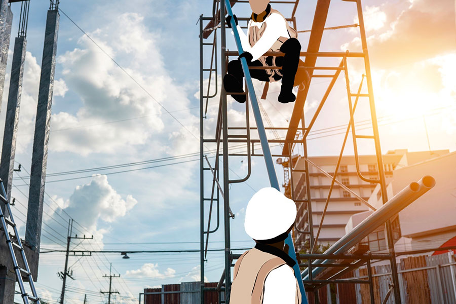 Illustration on a photo of contractors building a scaffolding | Scope of work | Knowify