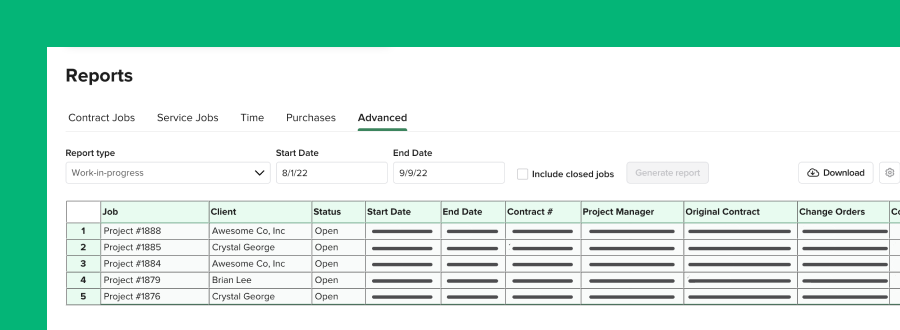 Screenshot of our advanced reporting section displaying a WIP report | Construction accounting | Knowify