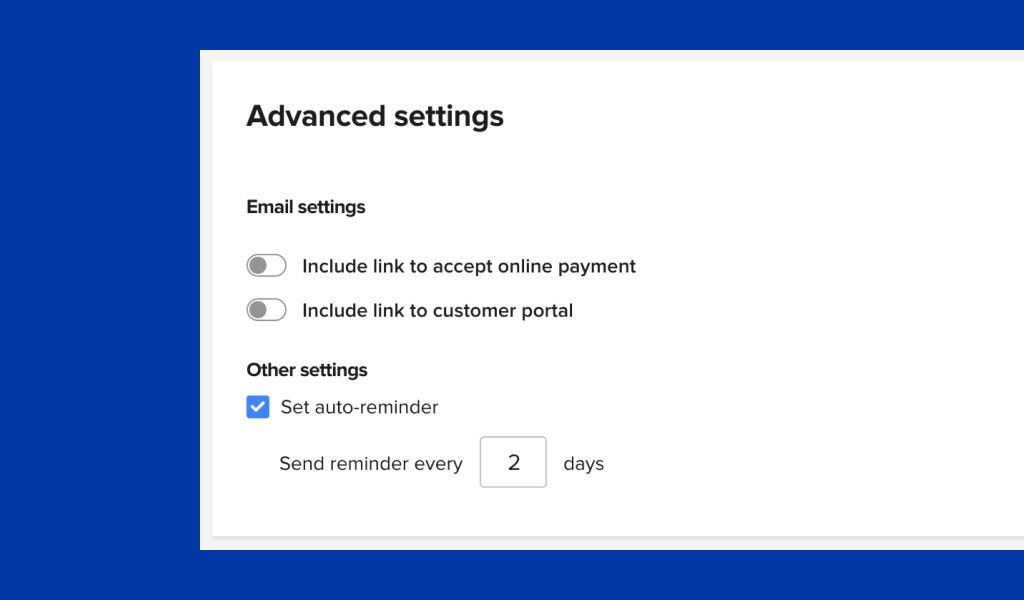 Advanced settings section where the user can set up automatic reminders for an invoice | Release 4.1 | Knowify