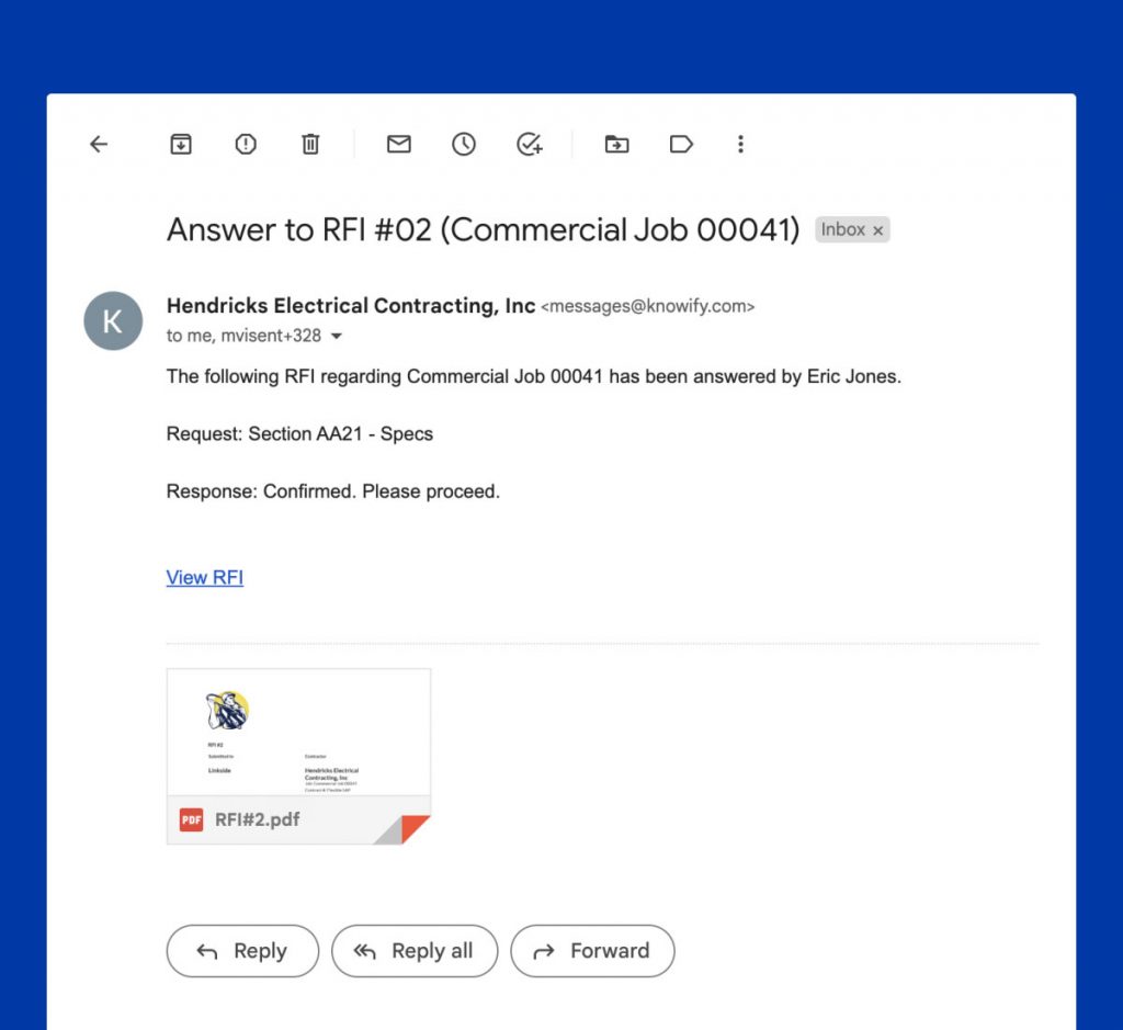 Email where RFI document is attached and link to the RFI portal available | October updates | Knowify