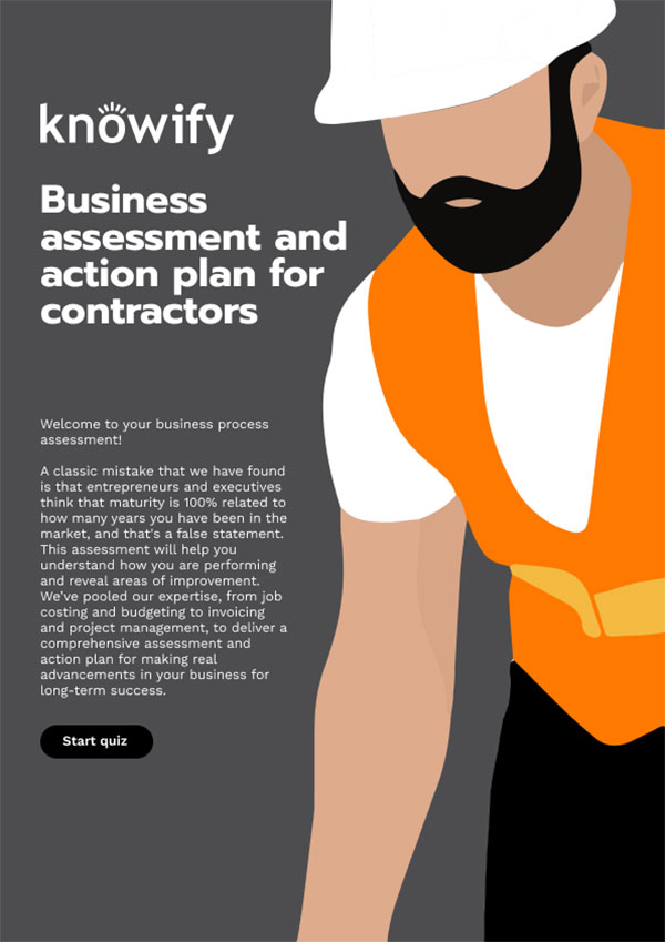Cover of our business assessment resource displaying an illustration of a contractor in an orange vest | Knowify
