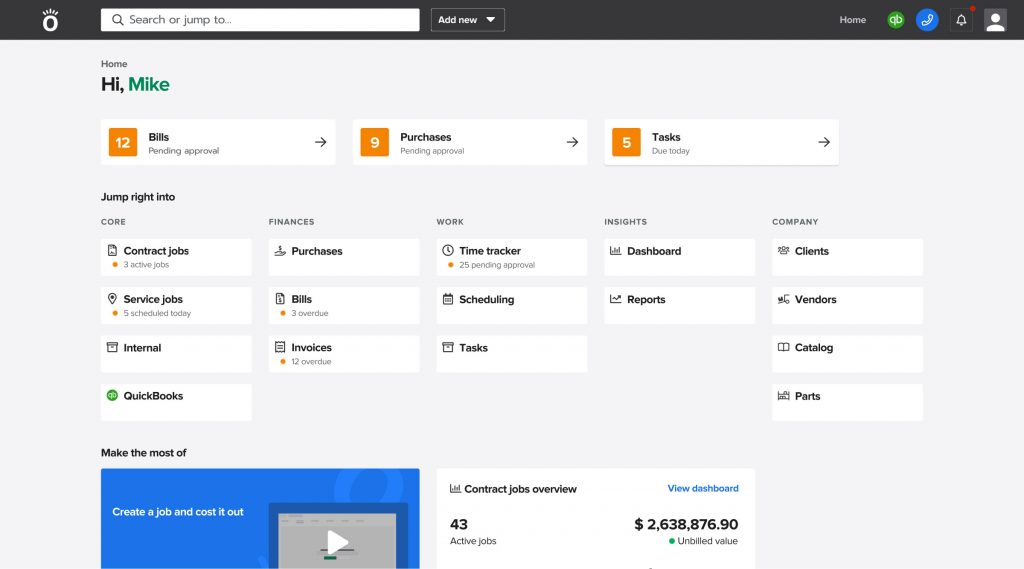 Home page with next actions: bills, purchases, and real-time analytics | Construction management software | Knowify