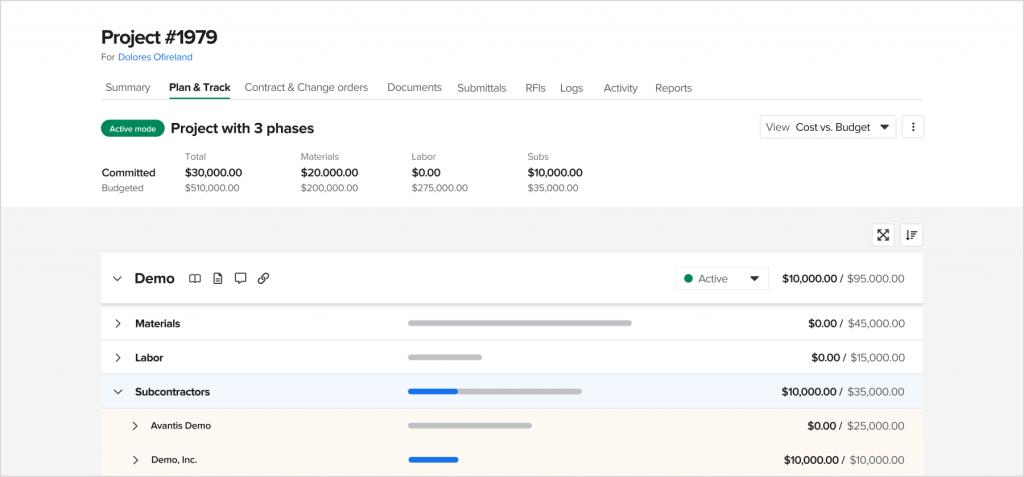 Plan & Track section displaying dates and progress | Subcontractor management | Knowify feature