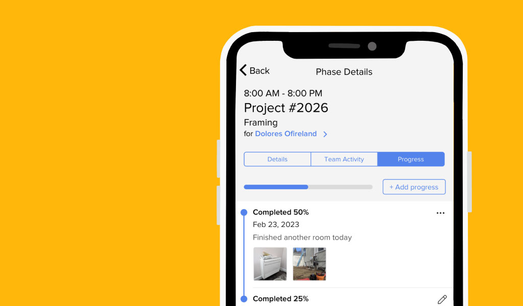 Production tracking screen on the smartphone app to input job progress | February release | Knowify