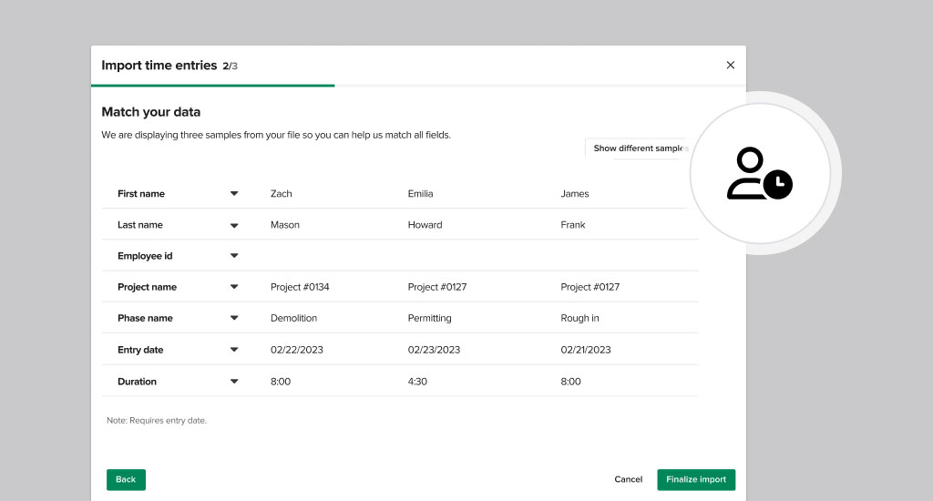 Time entries import wizard displaying a sample to confirm the data import | February release | Knowify