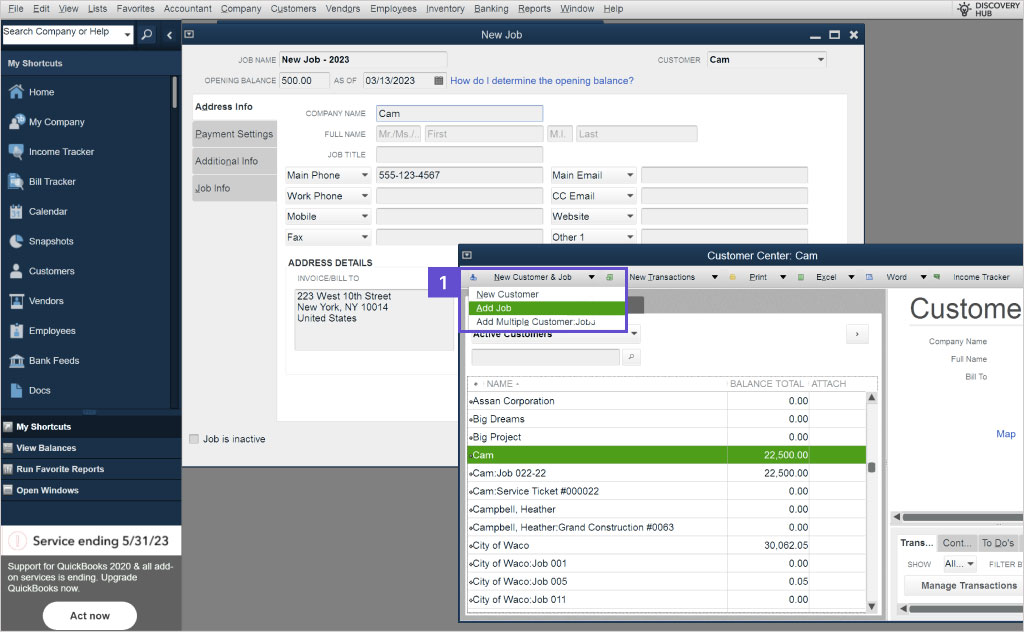 Screenshot showing how to add a job | Job costing in QuickBooks Desktop | Knowify