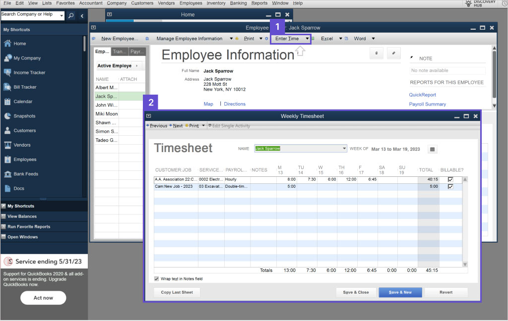 Screenshot showing how to enter time | Job costing in QuickBooks Desktop | Knowify