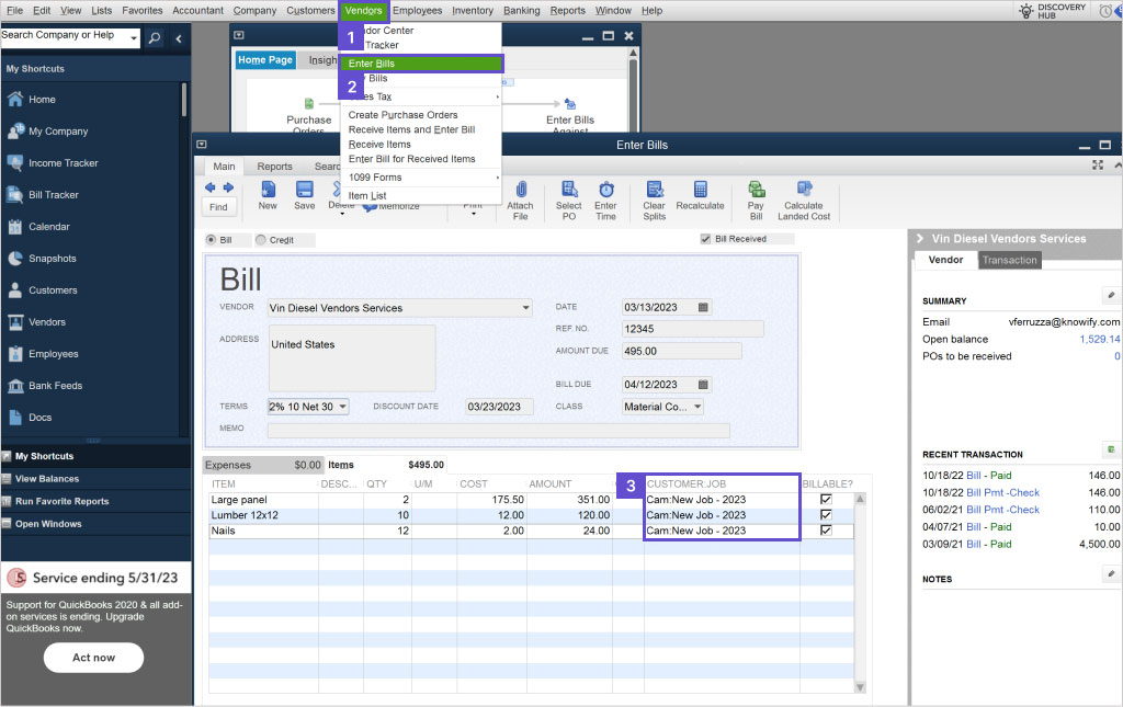Screenshot showing how to enter a bill | Job costing in QuickBooks Desktop | Knowify