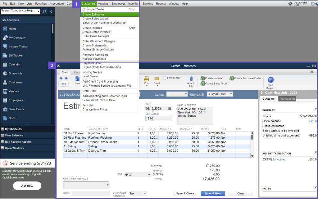 Screenshot showing how to create an estimate | Job costing in QuickBooks Desktop | Knowify