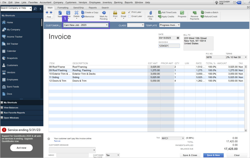 Screenshot showing how to create an invoice | Job costing in QuickBooks Desktop | Knowify