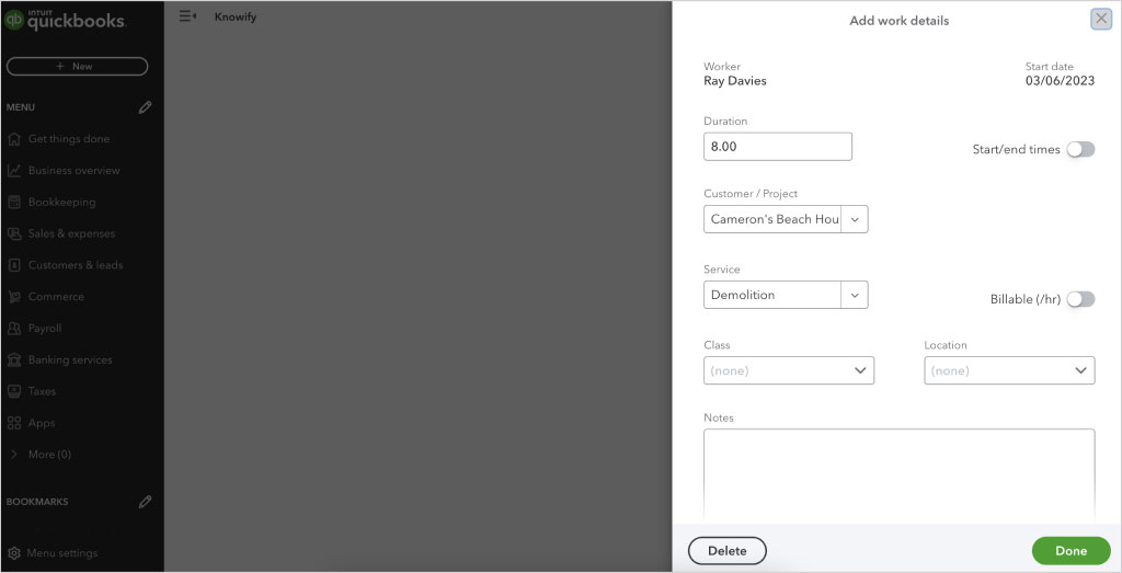 Screenshot showing how to enter time | Job costing in QuickBooks Online | Knowify